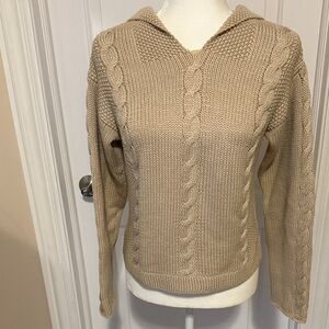 EUC Vintage Banana Republic Womens M Beige Merino Wool Cable Knit Hooded Sweater
